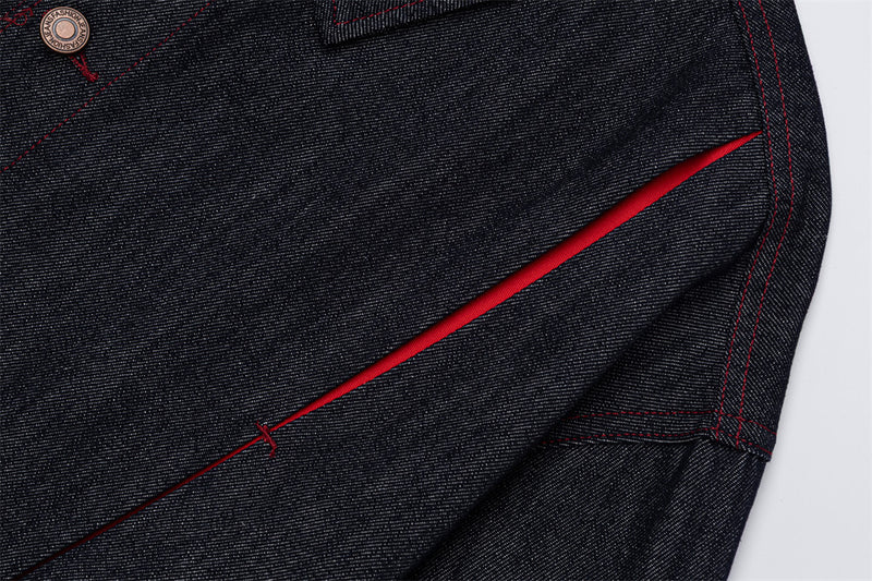 Men's Dark Indigo Denim Jacket with Red Contrast Seam Detail