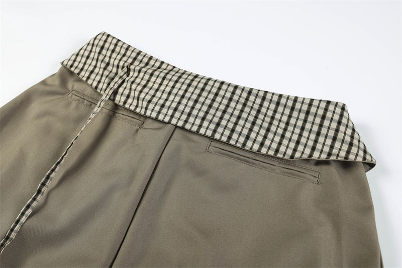 Wide-Leg Trousers with Gingham Fold-Over Waistband – Relaxed Drape Dress Pants