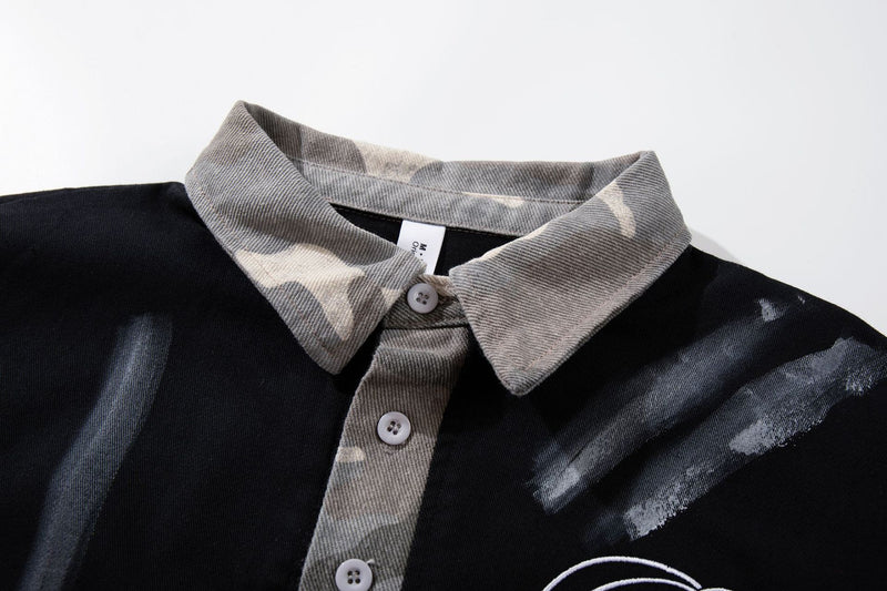 Chemise à manches courtes et col polo – Polo graffiti patchwork camouflage avec pinceau