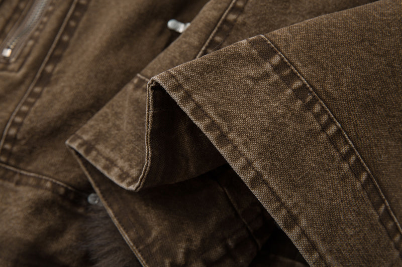 Sherpa Lined Denim Jacket with Fur Collar & Toggle Clasps