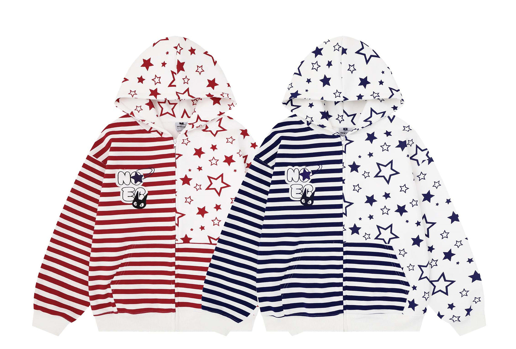 Asymmetrischer Zip-Hoodie mit Sternenprint und Streifen in Rot-Weiß und Navy-Weiß, oversized Unisex-Schnitt