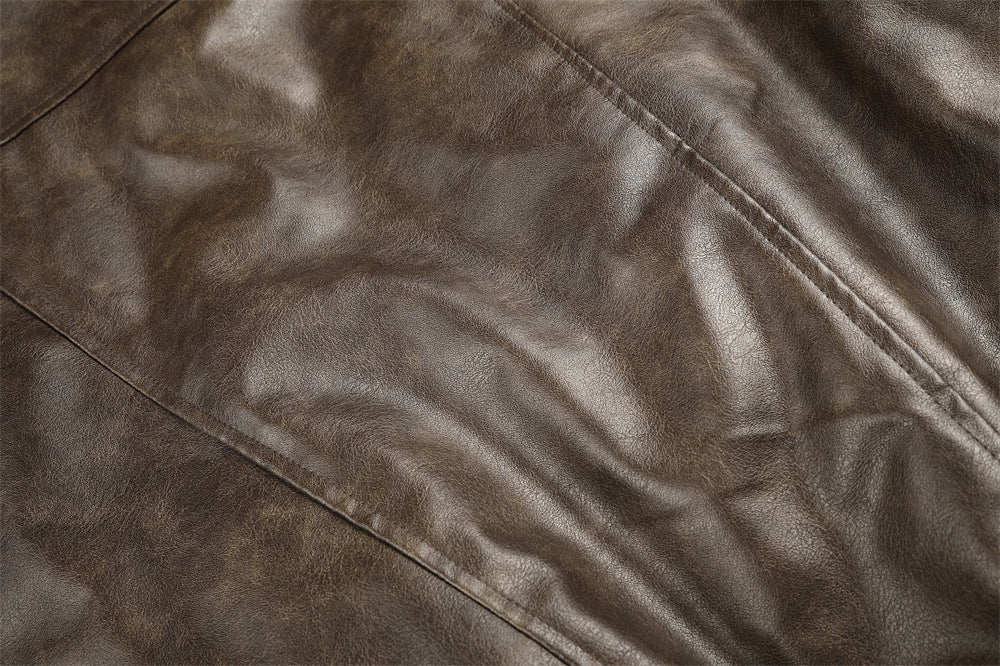 Men's Faux Leather Fur-Lined Bomber Jacket with High Collar & Asymmetric Placket