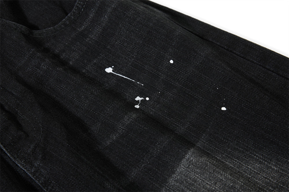 Wide-Leg Jeans Men – Washed Denim, Rhinestone Cross & Paint Splatter Detail