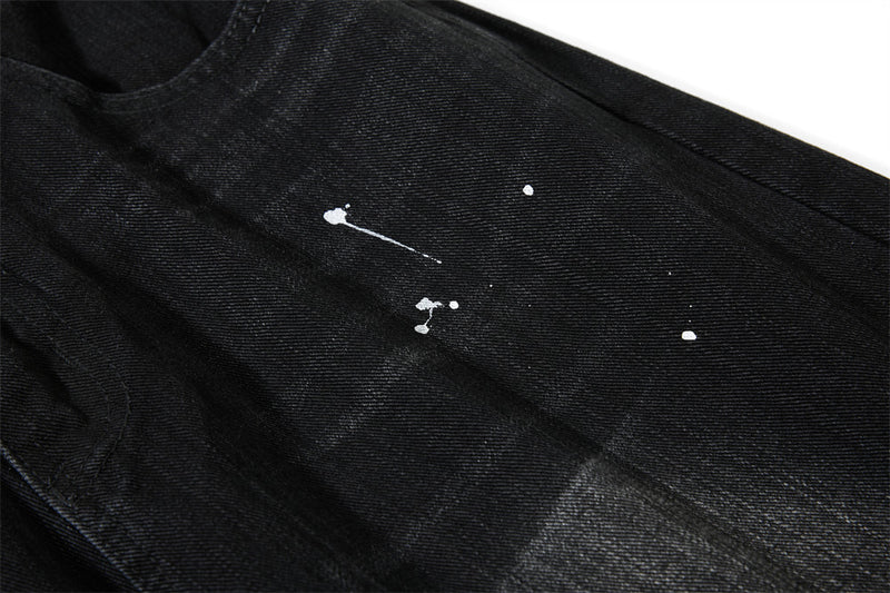 Wide-Leg Jeans Men – Washed Denim, Rhinestone Cross & Paint Splatter Detail