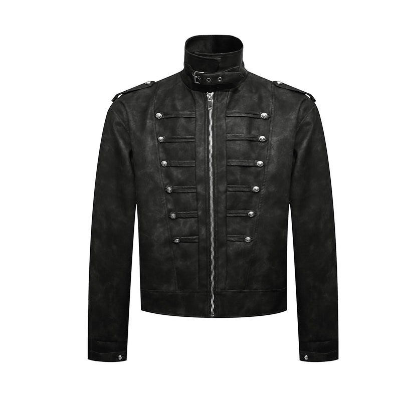 Military-Style Faux Leather Jacket – Punk Band Collar with Decorative Buttons