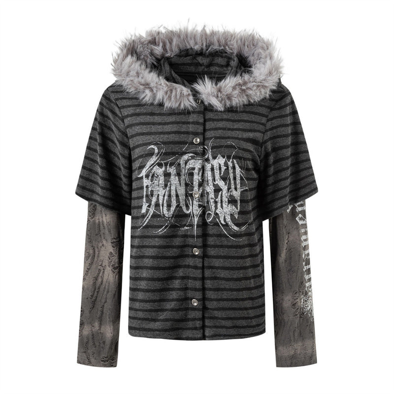 Striped Faux-Layer Gothic Hoodie with Fur-Trim Hood and Graphic Print