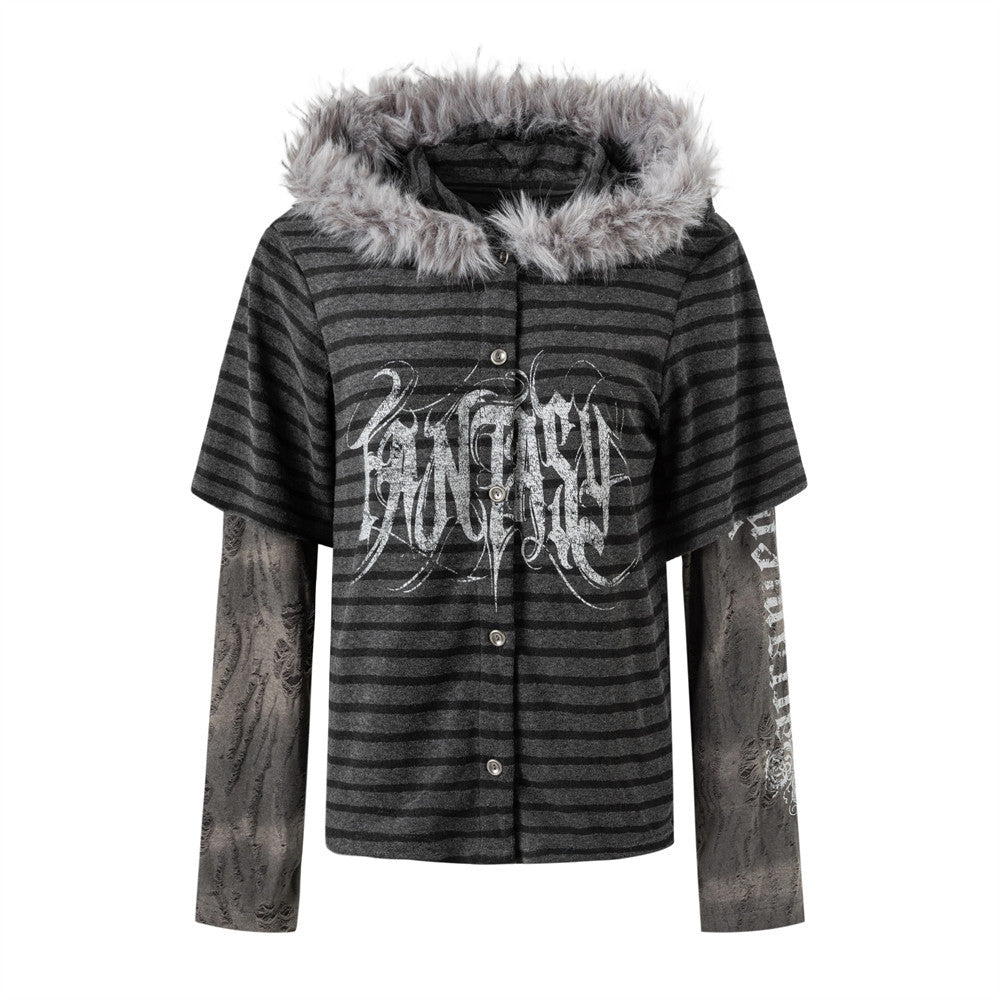 Charcoal black striped faux-layer gothic hoodie with faux-fur trim hood and distressed graphic long sleeves, front and back v