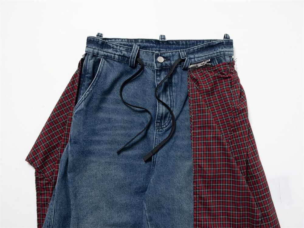 Wide-Leg Baggy Jeans with Detachable Plaid Skirt Overlay — Men's Punk Street