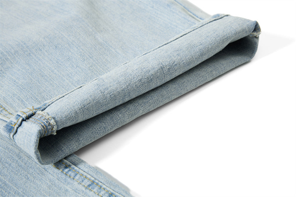 Wide-Leg Washed Denim Jeans with Cross Star Embroidery & Rhinestone Pocket