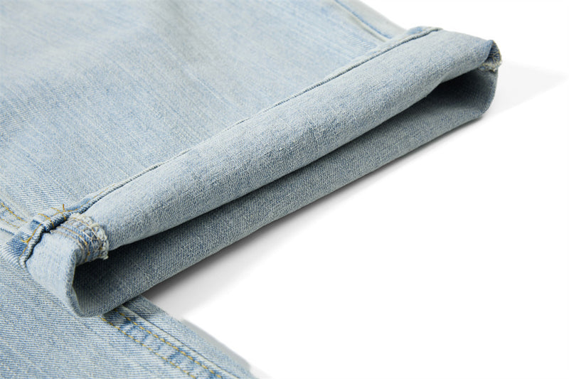 Wide-Leg Washed Denim Jeans with Cross Star Embroidery & Rhinestone Pocket