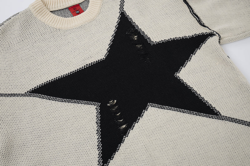 Pull homme col rond oversize en maille jacquard étoile effet usé