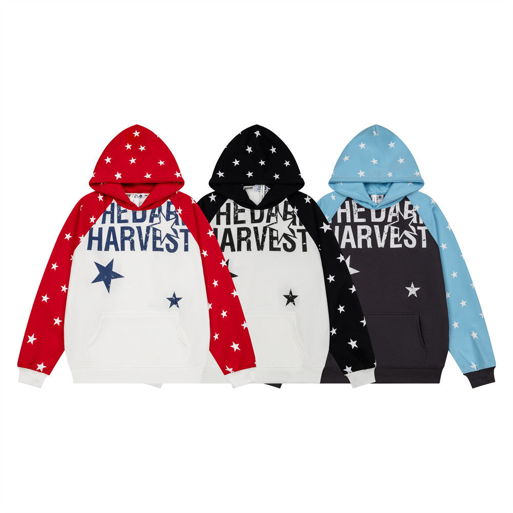 Star Print Colorblock Raglan Sleeve Pullover Hoodie – Oversized Streetwear Fit