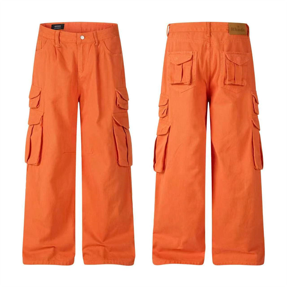 Wide-Leg Cargo Pants – Relaxed Fit Multi-Pocket Straight Trousers in Orange