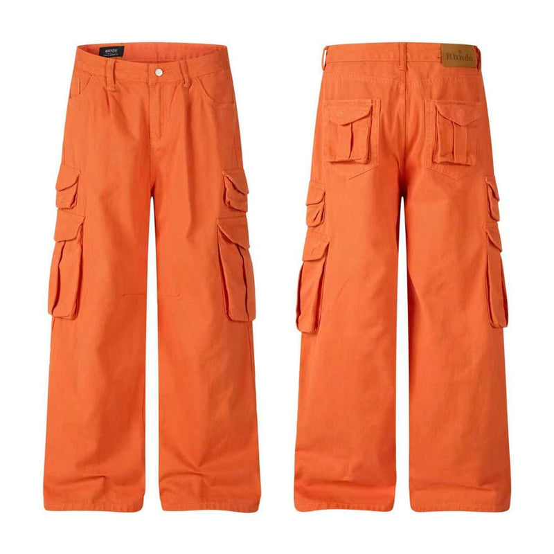 Wide-Leg Cargo Pants – Relaxed Fit Multi-Pocket Straight Trousers in Orange