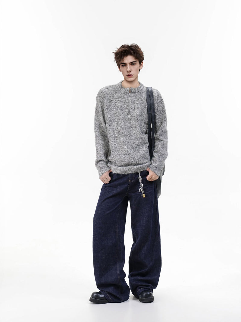 Quarter-Zip Knit Sweater – Marled Relaxed-Fit Crewneck