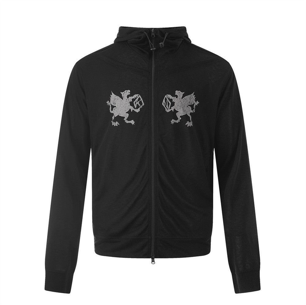Men's black zip-up hoodie with mirrored grey griffin graphic print on chest and drawstring hood