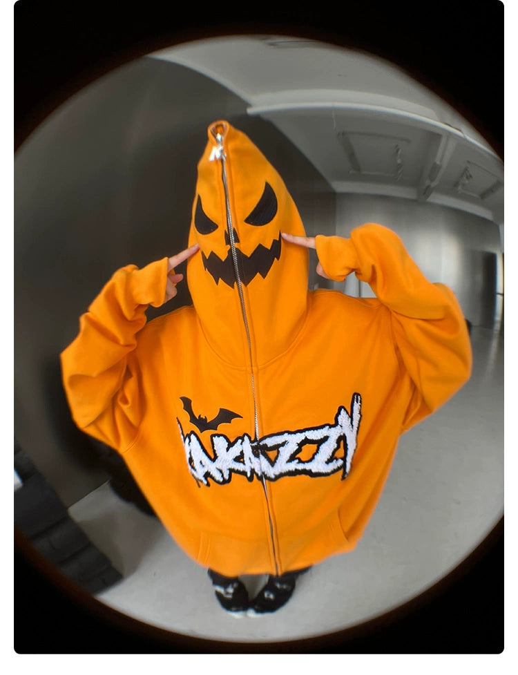 Halloween Pumpkin Hoodie - 400GSM Oversized Orange Zip-Up Sweatshirt for Halloween Fans