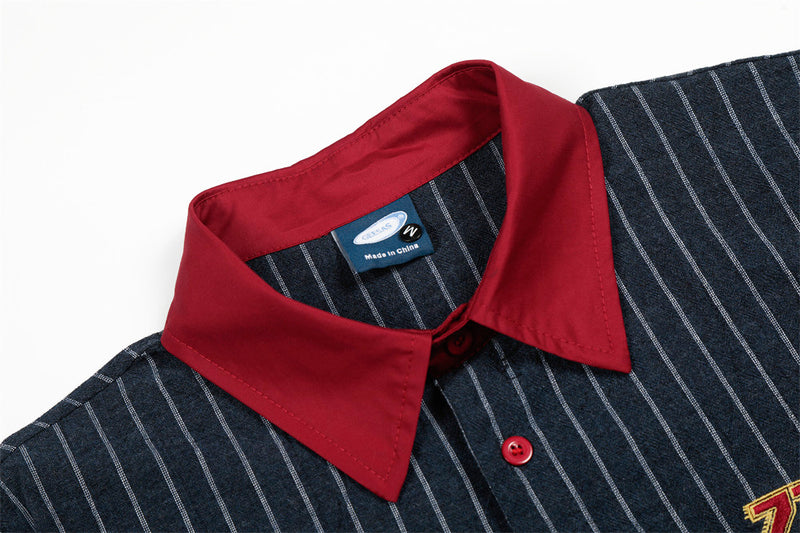 Men's Retro Pinstripe Short Sleeve Shirt – Oversized Colorblock Collar