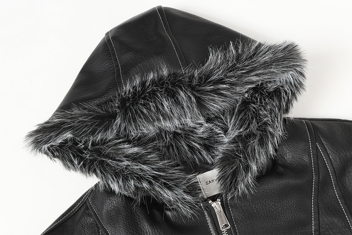 Faux Leather Hooded Bomber Jacket with Faux Fur Collar & Padded Lining