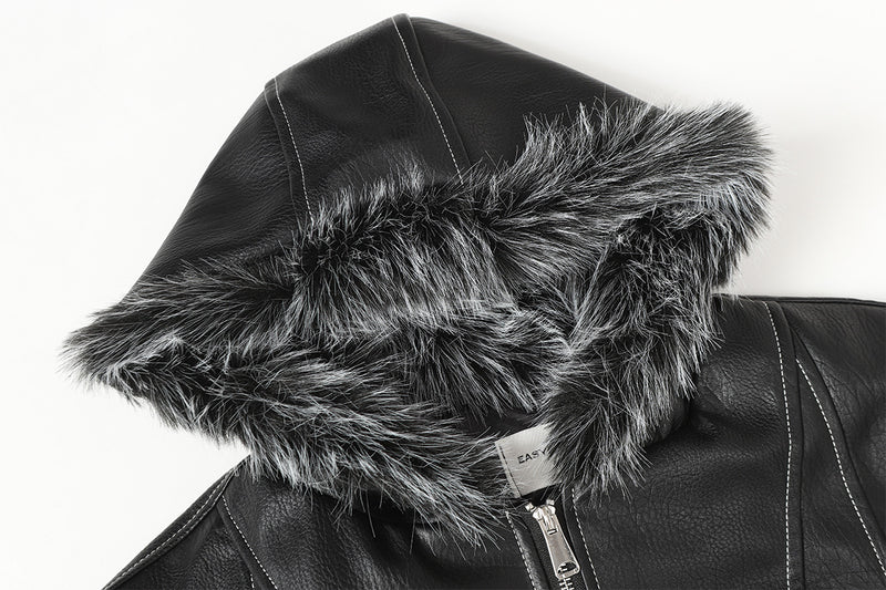 Faux Leather Hooded Bomber Jacket with Faux Fur Collar & Padded Lining