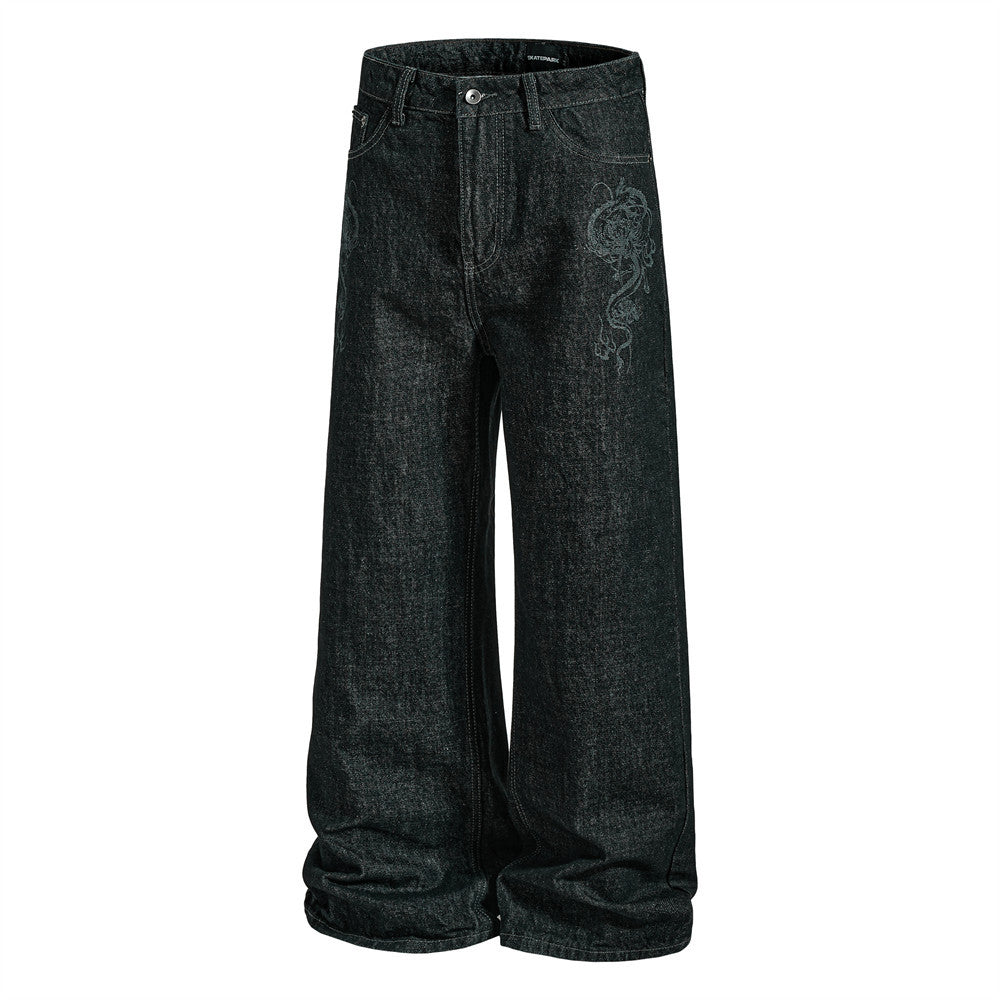 Men's Wide-Leg Black Jeans – Dragon Embroidery Straight Leg Denim
