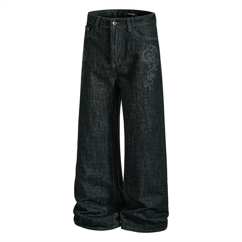 Men's Wide-Leg Black Jeans – Dragon Embroidery Straight Leg Denim