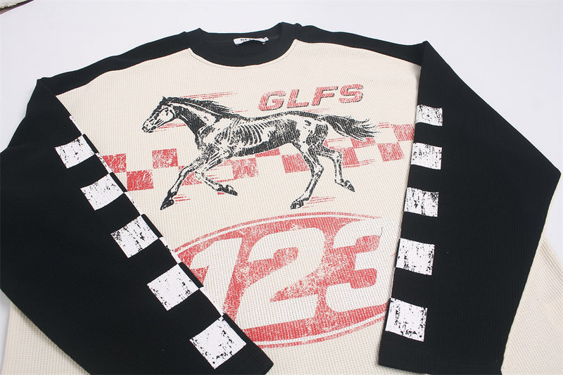 Racing Horse Graphic Long Sleeve Waffle Shirt – Colorblock Motorsport Print Top
