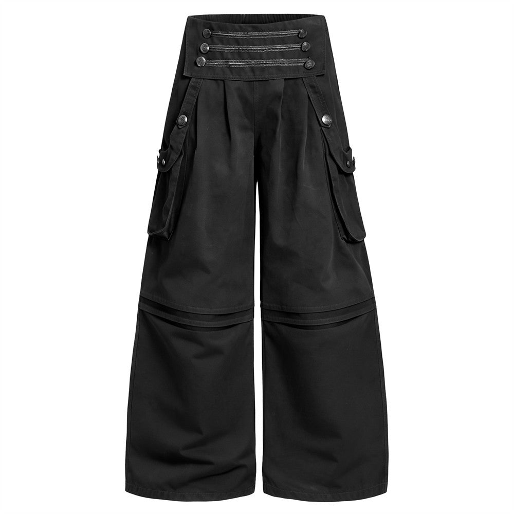 Black wide-leg cargo pants with high-rise triple zip waistband, oversized flap pockets, and knee panel seam detail