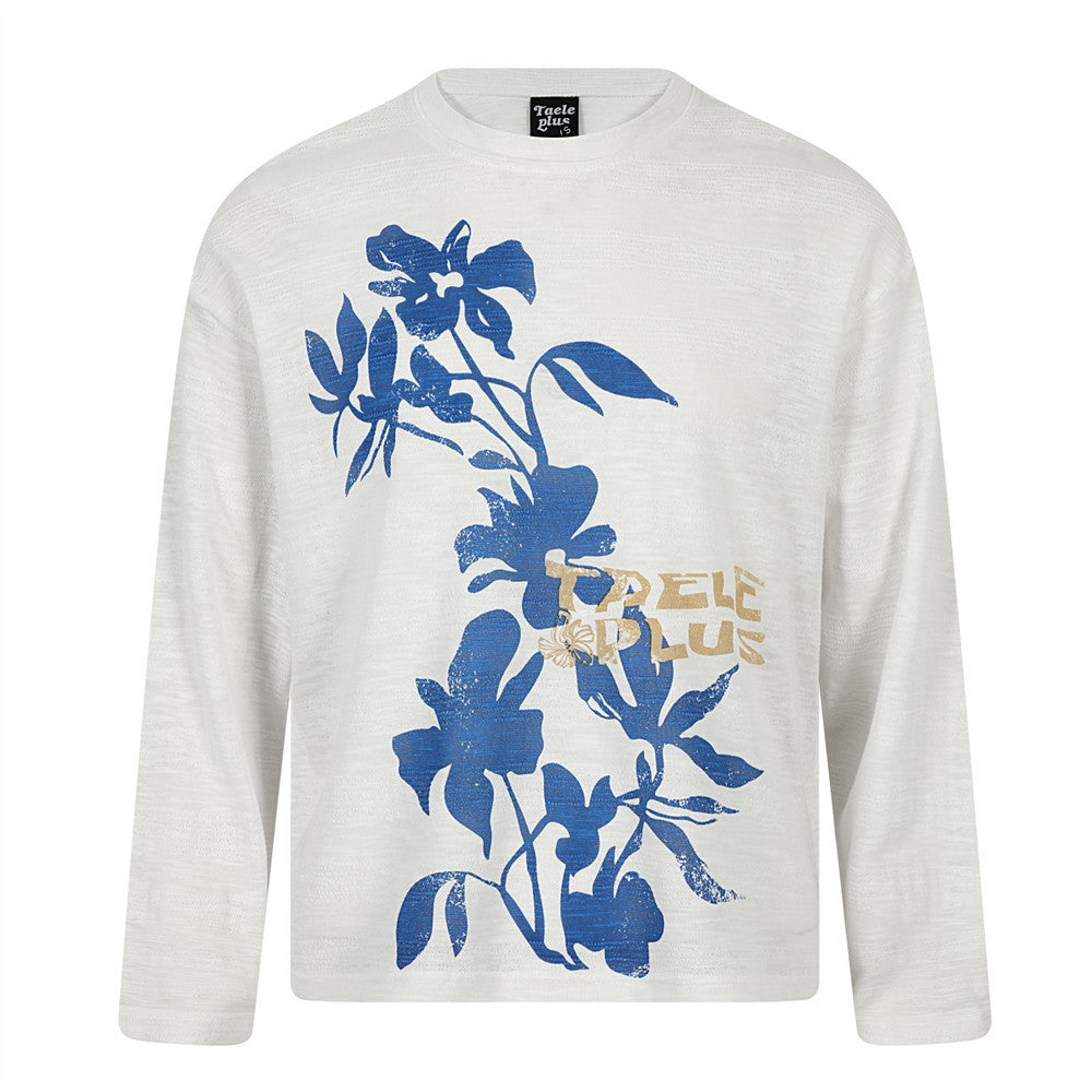Camiseta extragrande de manga larga y cuello redondo para hombre, con estampado floral botánico sombreado en blanco roto y gráfico azul cobalto