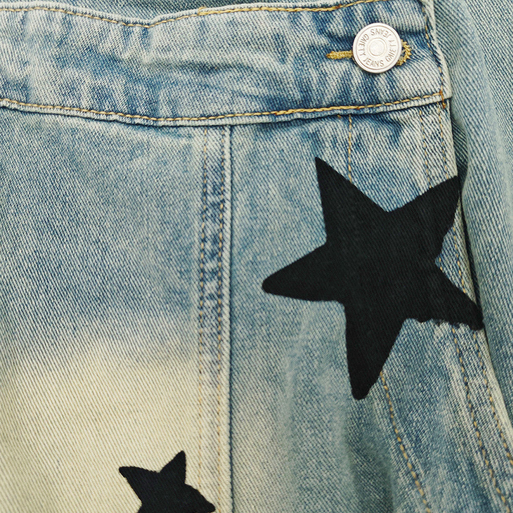Star Print Distressed Wide Leg Jeans – Asymmetric Cargo Pocket Washed Denim