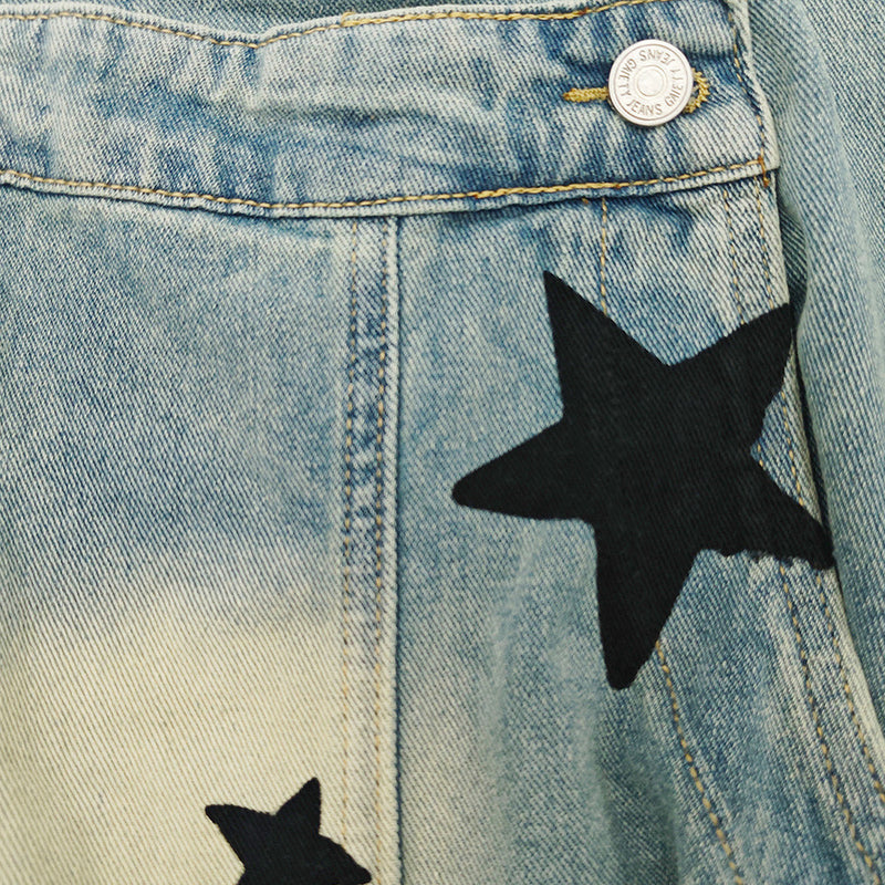 Star Print Distressed Wide Leg Jeans – Asymmetric Cargo Pocket Washed Denim
