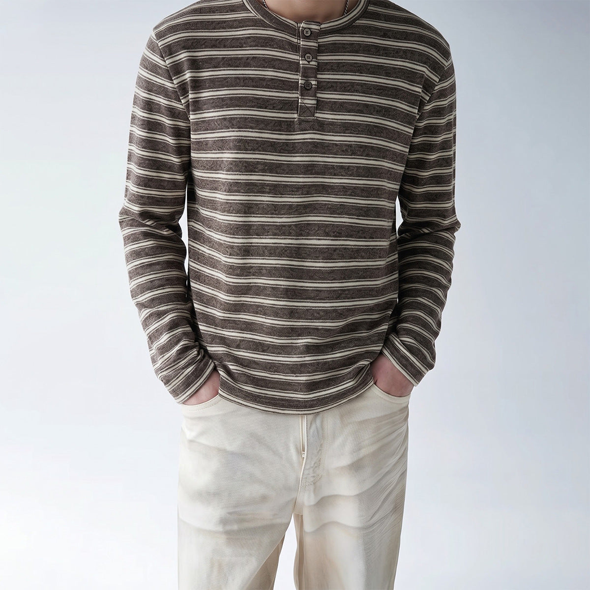 Men's long-sleeve striped Henley shirt in coffee brown with three-button placket and relaxed vintage American fit