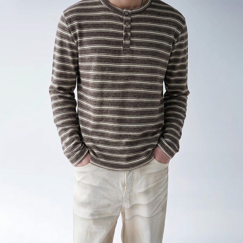 Men's long-sleeve striped Henley shirt in coffee brown with three-button placket and relaxed vintage American fit