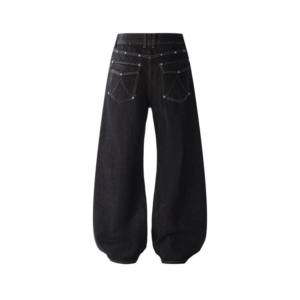 Wide-Leg Barrel Jeans – Turquoise Stud Detail, Curved Silhouette
