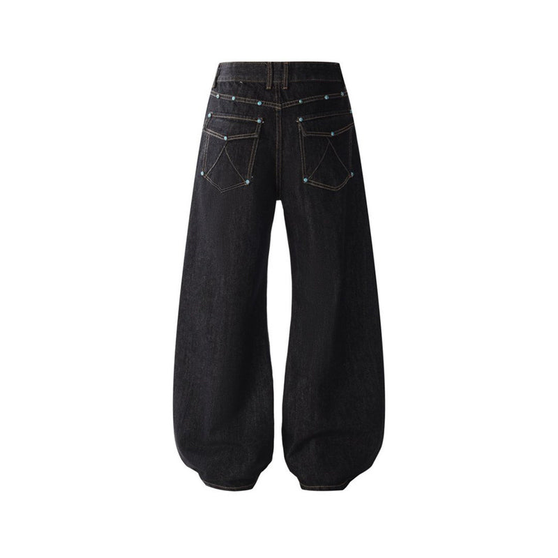 Wide-Leg Barrel Jeans – Turquoise Stud Detail, Curved Silhouette
