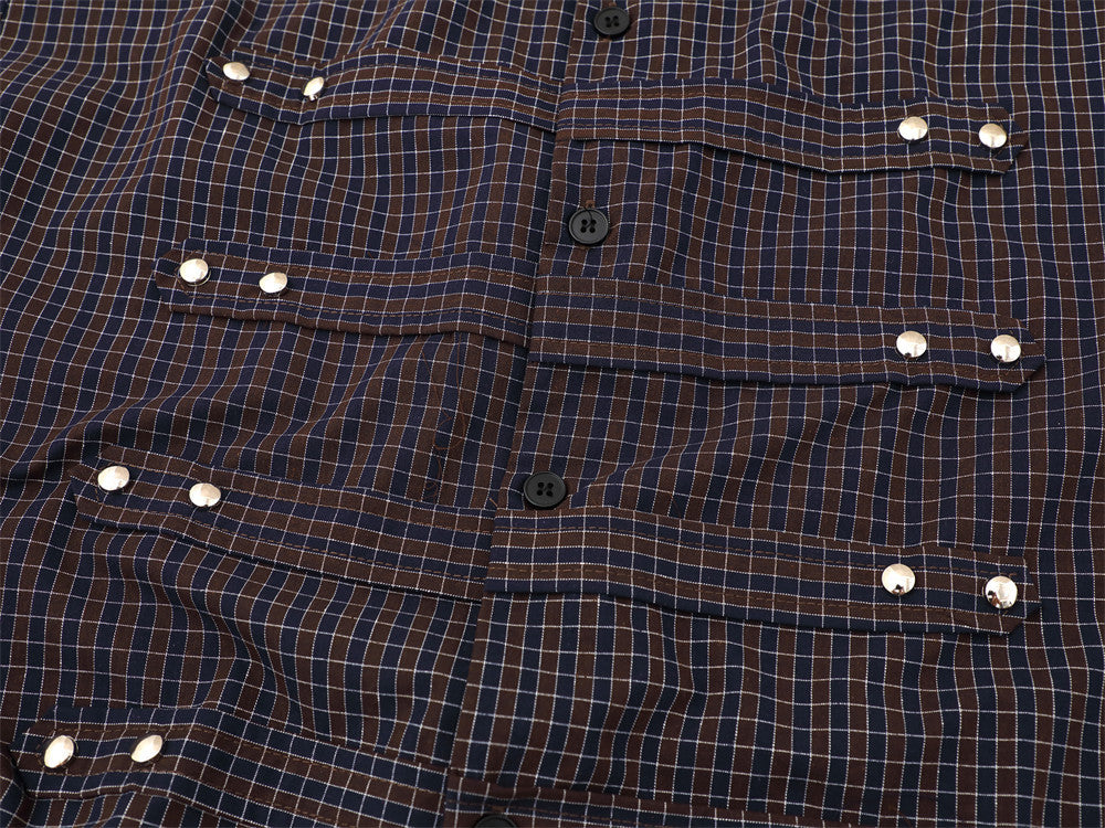 Plaid Short Sleeve Shirt with Pearl Studs – Oversized Hip Hop Streetwear