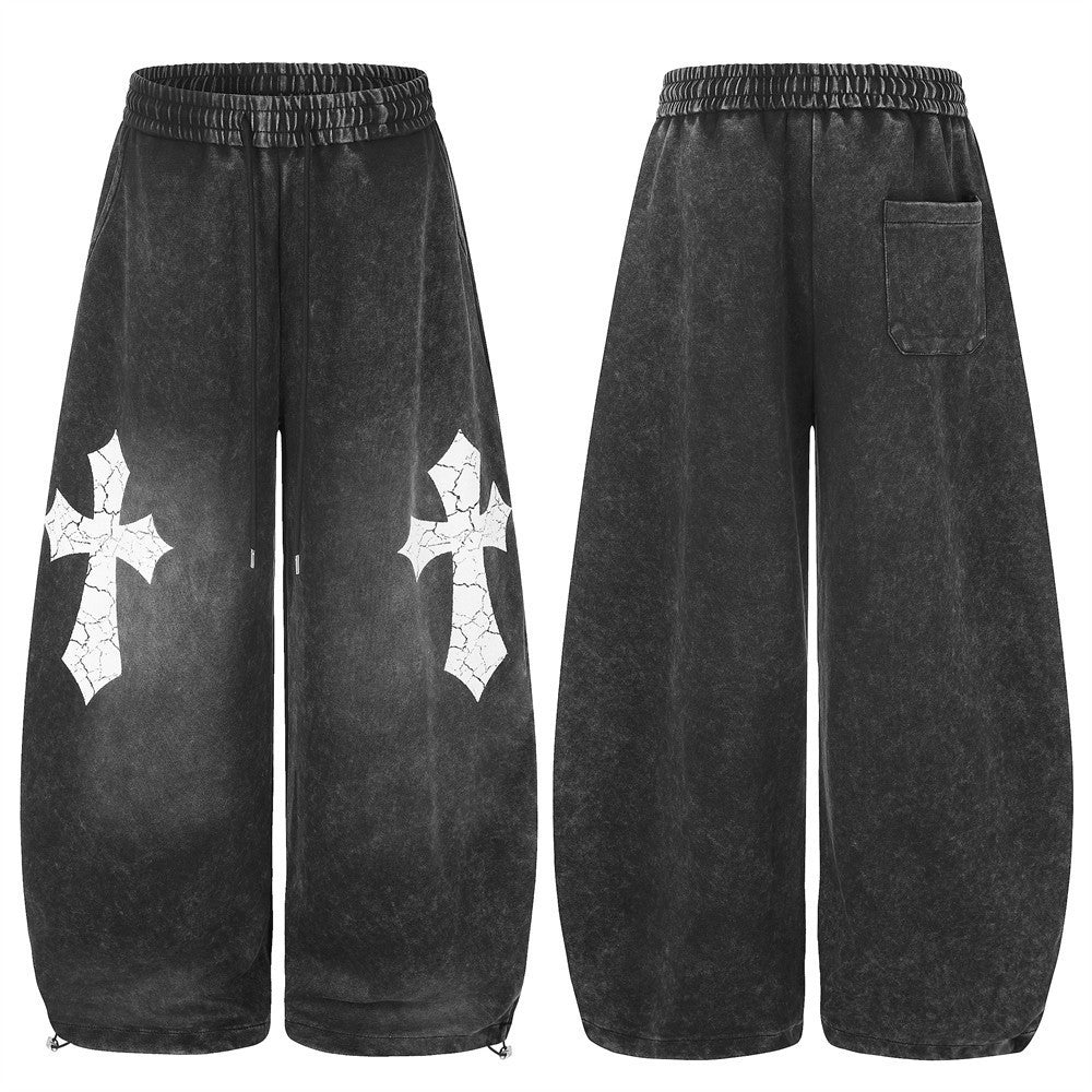 Wide-Leg-Sweathose mit Gothic-Kreuzprint – Acid-Wash-Oversize-Streetwear-Hose