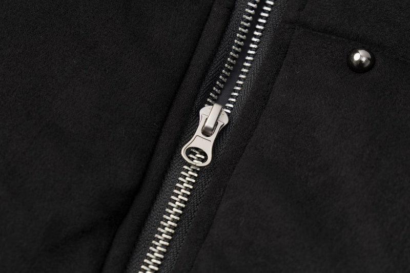 Black Fur-Trim Hooded Bomber Jacket with Arrow Appliqué Sleeves