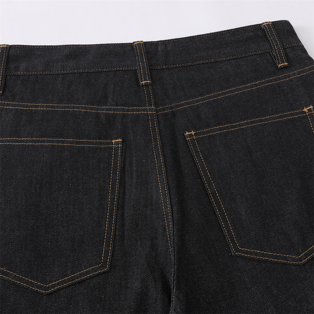 Men's Black Cargo Denim Jeans Wide-Leg Straight Fit with Large Pockets