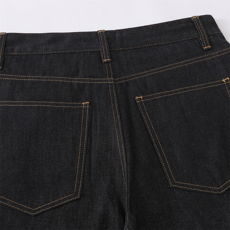 Men's Black Cargo Denim Jeans Wide-Leg Straight Fit with Large Pockets