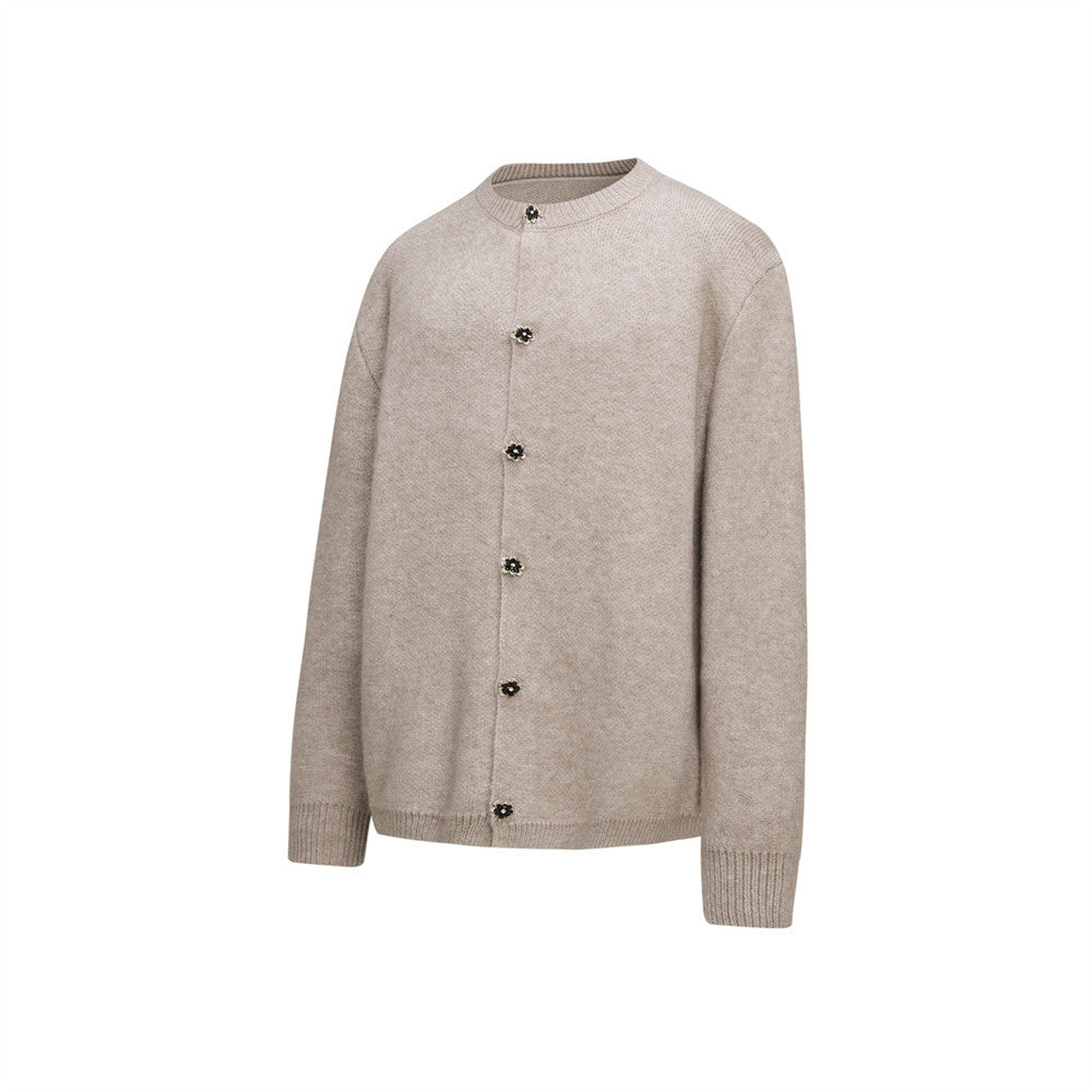 Men's Crewneck Knit Cardigan Sweater with Floral Buttons