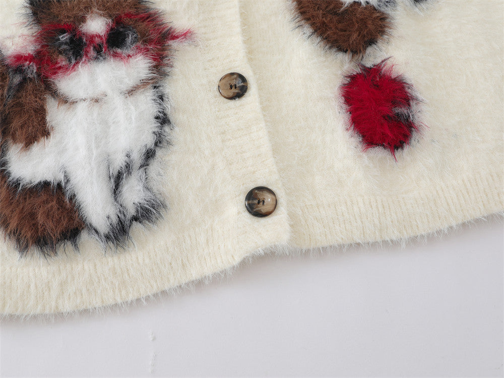 Cat Cartoon Fuzzy Knit Cardigan Sweater – Crew Neck Button-Front