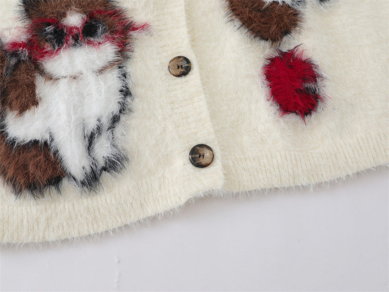 Cat Cartoon Fuzzy Knit Cardigan Sweater – Crew Neck Button-Front