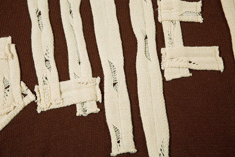 Distressed Letter Appliqué Crewneck Knit Sweater – Oversized Streetwear Pullover