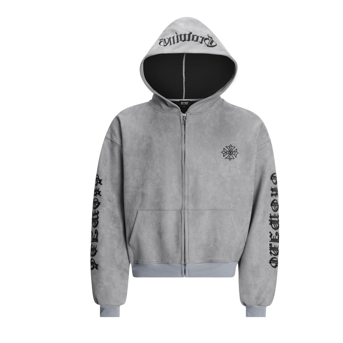 Gothic embroidered zip-up hoodie in heather grey with old-English sleeve lettering and suede-finish fabric, front view
