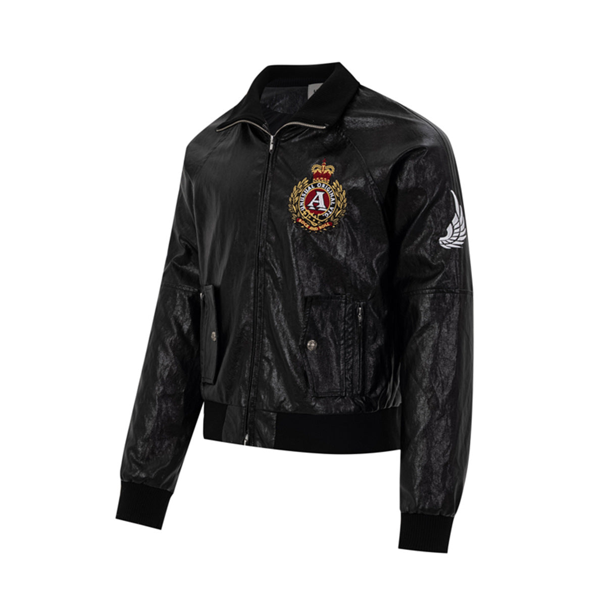 Blouson bomber en similicuir PU brodé – Style vintage racing et flight américain
