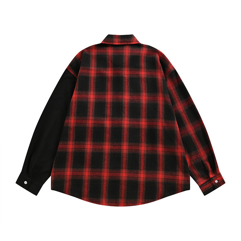 Plaid Patchwork Long Sleeve Shirt – Oversized Fit with Portrait Graphic Print