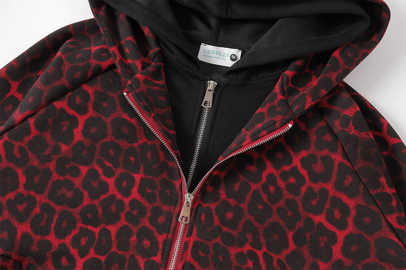 Veste hoodie zippée à motif léopard – Imprimé animal rouge et noir oversize avec
