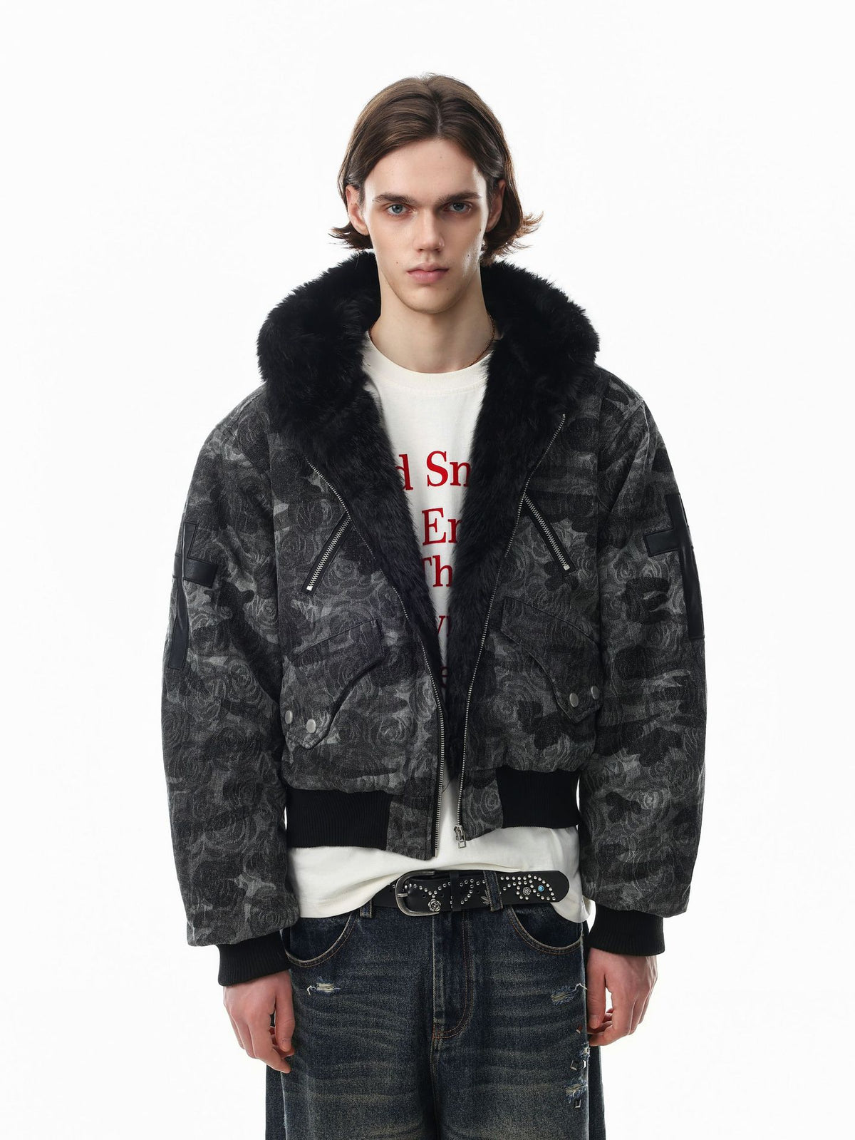 Oversized hooded bomber jacket in dark rose camouflage jacquard with black faux fur collar and cross back patch