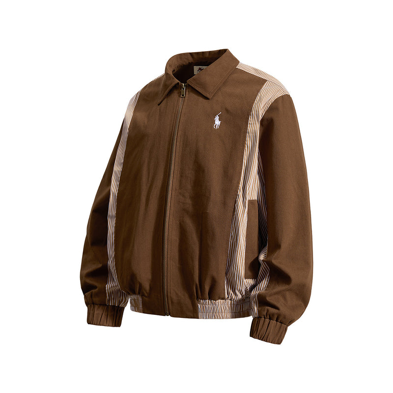 Retro Colorblock-Zip-Jacke – Bomberjacke in Braun mit gestreiftem Einsatz
